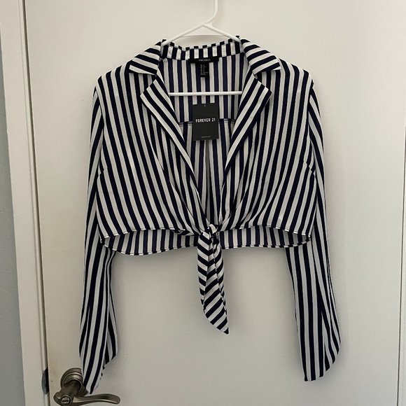 Forever 21 Navy and White Striped Cropped Tie Front Blouse - Picture 1 of 2
